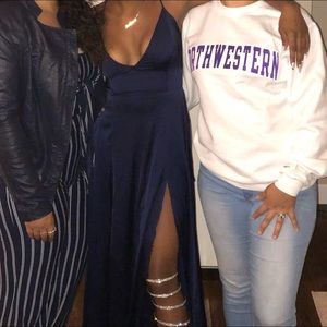 Navy blue flattering Silk dress with thigh slit